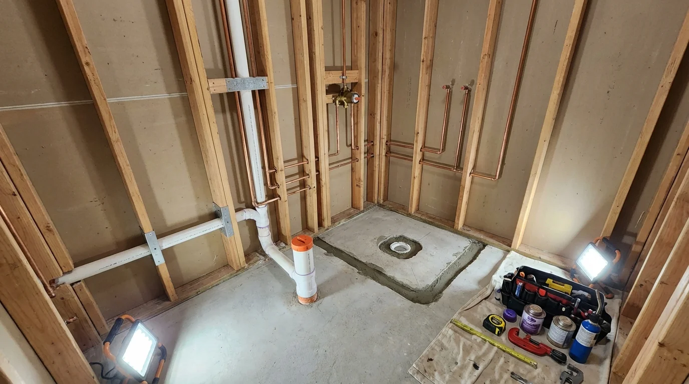 Bathroom rough-in plumbing during remodel by Johns Plumbing LLC in Littlestown