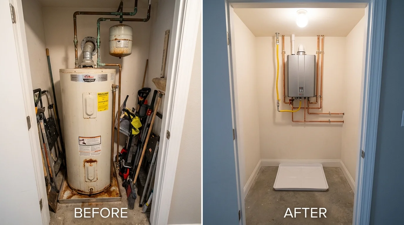 Tank water heater versus wall-mounted tankless unit comparison for Littlestown, PA homeowners