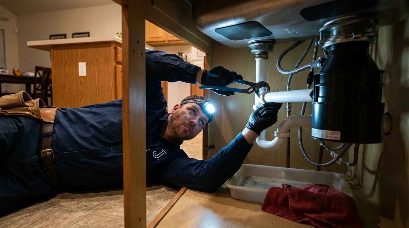 P-trap and supply line connections under a kitchen sink showing a common leak point in Littlestown, PA